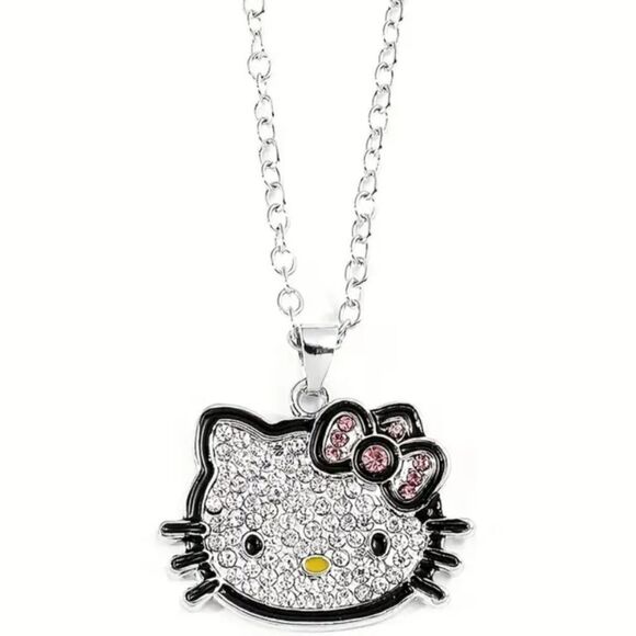 Hello Kitty Rhinestone 24" Necklace Pink Bow Cat Charm Pendant Silver Chain New - Picture 7 of 7